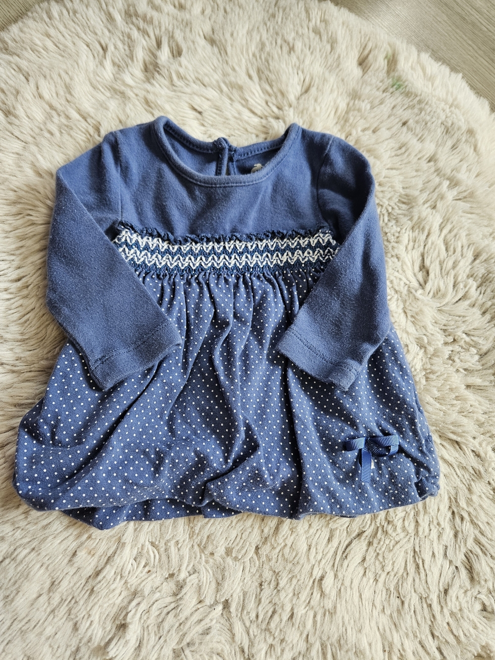 5/20$ 🩷Trois Moutons Baby Girl Blue Polka Dot Smocked Tunic Top 6M🩷5/20$